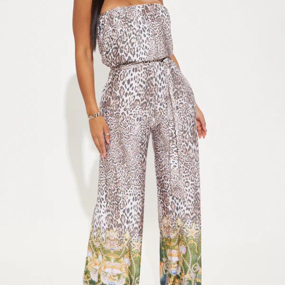Leopard Print Strapless Wide Leg Jumpsuit | Size S (Fits M) | Brown/Combo | Vaca